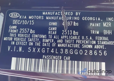 2016 Kia Optima Lx from USA, damaged, VIN 5XXGT4L38GG028656